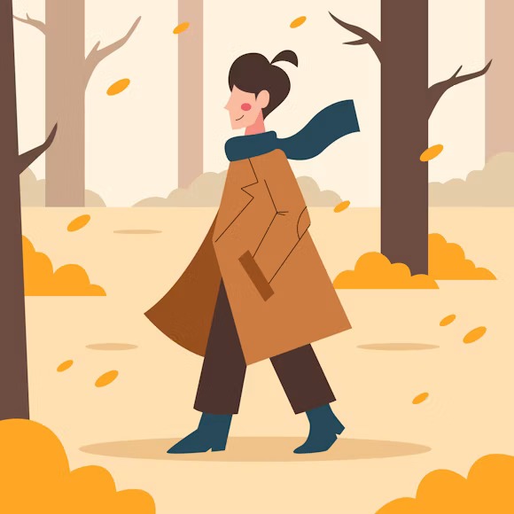 Illustration of a person walking thoughtfully in an autumn park
