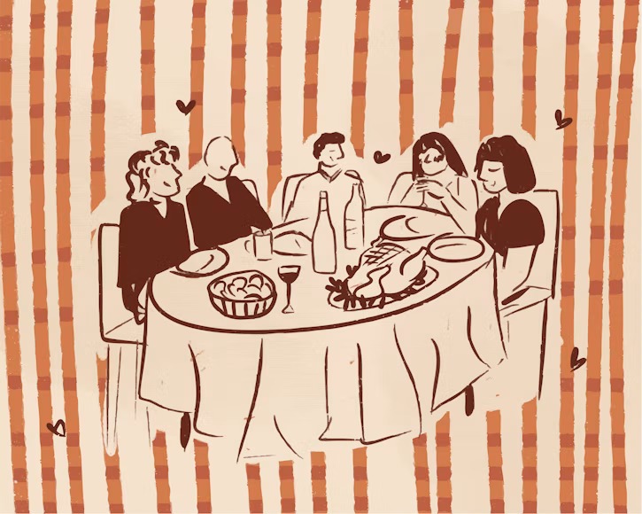 Illustration of people gathered warmly around a dinner table
