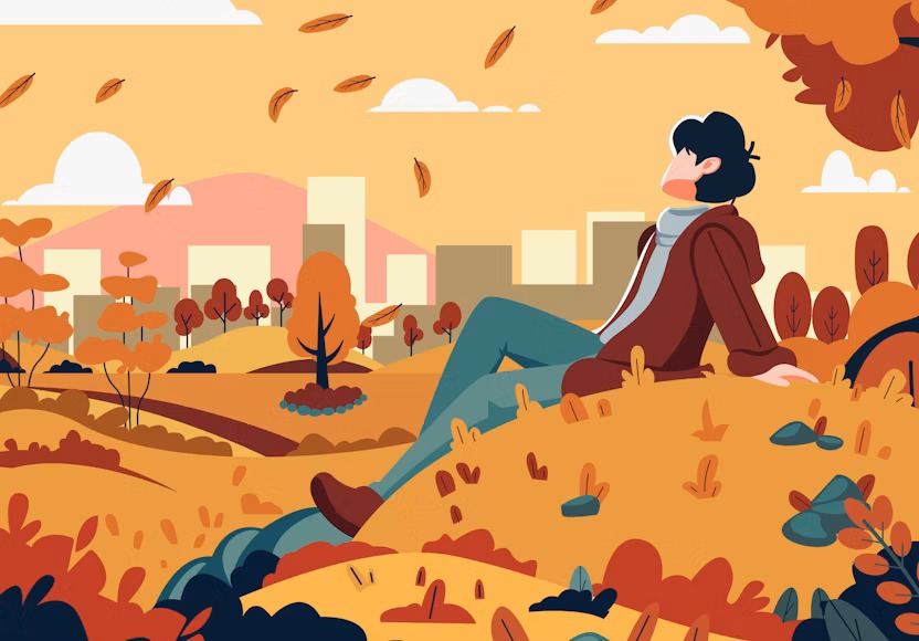 Illustration of a person relaxing thoughtfully on a hill under an autumn sky